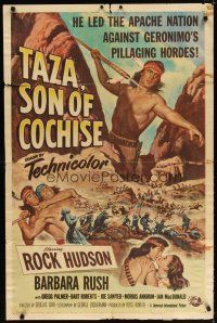 7h869 TAZA SON OF COCHISE 1sh '54 art of Rock Hudson in the title role, Barbara Rush!