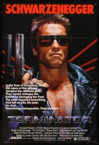 7h878 TERMINATOR 1sh '84 super close up of most classic cyborg Arnold Schwarzenegger with gun!