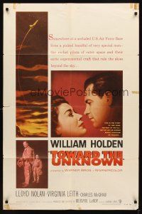 7h911 TOWARD THE UNKNOWN 1sh '56 William Holden & Virginia Leith in sci-fi space travel!