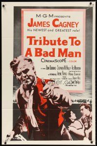 7h915 TRIBUTE TO A BAD MAN int'l 1sh '56 great art of cowboy James Cagney, Irene Papas!