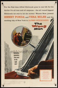 7h987 WRONG MAN 1sh '57 Henry Fonda, Vera Miles, Alfred Hitchcock, cool rear view mirror art!