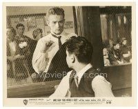 7j947 REBEL WITHOUT A CAUSE 8x10 still '55 c/u of James Dean looking at Mineo in police station!