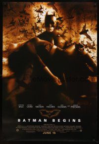 7p111 BATMAN BEGINS June 15 advance DS 1sh '05 Bale as the Caped Crusader carrying Katie Holmes!