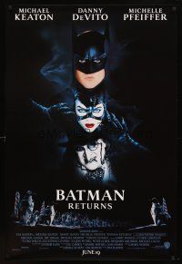 7p117 BATMAN RETURNS advance 1sh '92 cool image of Michael Keaton, Danny DeVito, Michelle Pfeiffer!