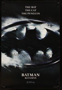 7p118 BATMAN RETURNS teaser 1sh '92 Tim Burton directed, the bat, the cat, the penguin!
