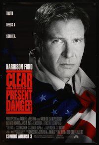 7p194 CLEAR & PRESENT DANGER advance DS 1sh '94 great portrait of Harrison Ford and American flag!
