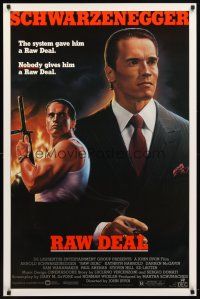 7p544 RAW DEAL 1sh '86 great close up of tough guy Arnold Schwarzenegger with gun!