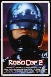7p564 ROBOCOP 2 1sh '90 super close up of cyborg policeman Peter Weller, sci-fi sequel!