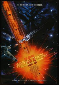 7p657 STAR TREK VI advance 1sh '91 William Shatner, Leonard Nimoy, cool art by John Alvin!