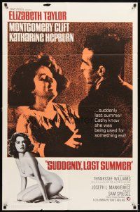 7p683 SUDDENLY, LAST SUMMER 1sh R67 close-up of Montgomery Clift & Elizabeth Taylor + swimsuit!