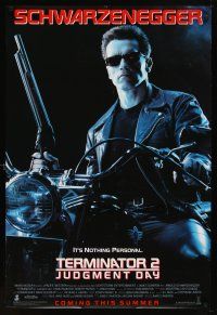 7p702 TERMINATOR 2 advance DS 1sh '91 James Cameron, Arnold Schwarzenegger on motorcycle w/shotgun!