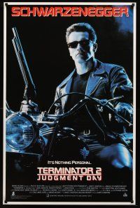 7p703 TERMINATOR 2 video 1sh '91 James Cameron, Arnold Schwarzenegger on motorcycle w/shotgun!