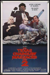7p705 TEXAS CHAINSAW MASSACRE PART 2 family style 1sh '86 Tobe Hooper horror sequel, cast portrait!