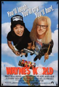 7p776 WAYNE'S WORLD int'l 1sh '91 Mike Myers, Dana Carvey, one world, one party, excellent!