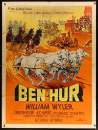 7k739 BEN-HUR French 1p '60 incredible art of Charlton Heston in chariot race by Roger Soubie!