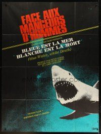 7k749 BLUE WATER, WHITE DEATH French 1p '71 cool close image of great white shark with open mouth!