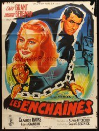 7k905 NOTORIOUS French 1p R54 Belinsky art of Cary Grant & Ingrid Bergman, Hitchcock classic!