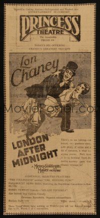 7k183 LONDON AFTER MIDNIGHT laminated newspaper ad '27 Lon Chaney as Burke the Hypnotist detective!