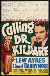 7k345 CALLING DR. KILDARE WC '39 artwork of Lew Ayres talking to sexy Lana Turner on phone!