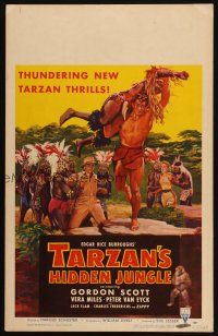 7k424 TARZAN'S HIDDEN JUNGLE WC '55 cool artwork of Gordon Scott as Tarzan throwing native guy!