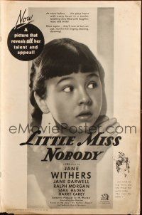 7k072 LITTLE MISS NOBODY pressbook '36 great close up of scared orphan Jane Withers!