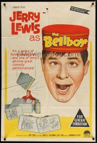 7m342 BELLBOY Aust 1sh '60 wacky close up artwork of Jerry Lewis + carrying luggage!