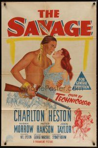 7m401 SAVAGE Aust 1sh '52 art of Native American Charlton Heston holding pretty Susan Morrow!