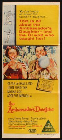 7m440 AMBASSADOR'S DAUGHTER Aust daybill '56 Olivia de Havilland, most scandalous foreign affair!