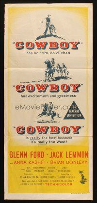 7m523 COWBOY Aust daybill '58 Glenn Ford & Jack Lemmon in western that has no corn or cliches!