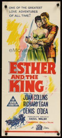 7m564 ESTHER & THE KING Aust daybill '60 Mario Bava, sexy Joan Collins & Richard Egan embracing!