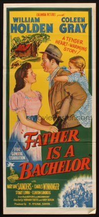 7m570 FATHER IS A BACHELOR Aust daybill '50 Coleen Gray calls Holden darling & kids call him dad!