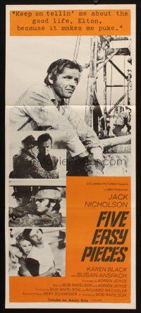 7m578 FIVE EASY PIECES Aust daybill '70 close up of Jack Nicholson, directed by Bob Rafelson!