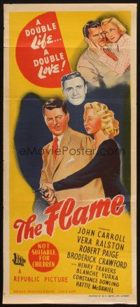 7m027 FLAME Aust daybill '47 art of John Carroll w/pistol & Vera Ralston, film noir!