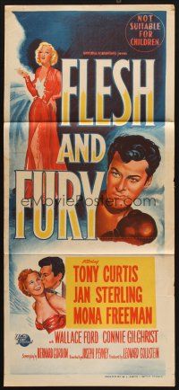 7m580 FLESH & FURY Aust daybill '52 stone litho of boxer Tony Curtis & sexy Jan Sterling!