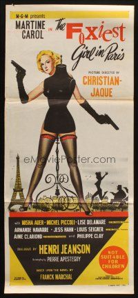 7m586 FOXIEST GIRL IN PARIS Aust daybill '57 sexy Martine Carol hides behind mannequin w/pistols!