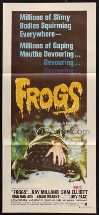 7m589 FROGS Aust daybill '72 horror art of man-eating amphibian w/hand hanging from mouth!