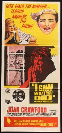 7m644 I SAW WHAT YOU DID Aust daybill '65 Joan Crawford, William Castle, you may be the next target!