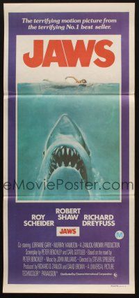 7m658 JAWS Aust daybill '75 art of Steven Spielberg's classic shark attacking sexy swimmer!