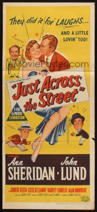 7m663 JUST ACROSS THE STREET Aust daybill '52 sexy Ann Sheridan did it for laughs & lovin!