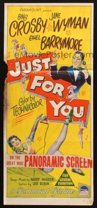 7m664 JUST FOR YOU Aust daybill '52 Richardson Studio art of Bing Crosby & sexy Jane Wyman!