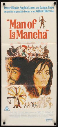 7m703 MAN OF LA MANCHA Aust daybill '72 Peter O'Toole, Sophia Loren, cool Ted CoConis art!