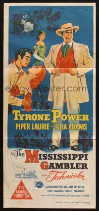 7m722 MISSISSIPPI GAMBLER Aust daybill '53 different artwork of Tyrone Power, Piper Laurie!