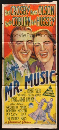 7m729 MR. MUSIC Aust daybill '50 Richardson Studio art of Bing Crosby, Nancy Olson & more!