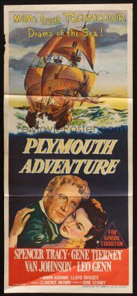 7m787 PLYMOUTH ADVENTURE Aust daybill '52 Spencer Tracy, Gene Tierney, cool art of ship at sea!