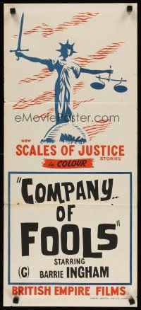 7m835 SCALES OF JUSTICE Aust daybill '70s Company of Fools, cool artwork!