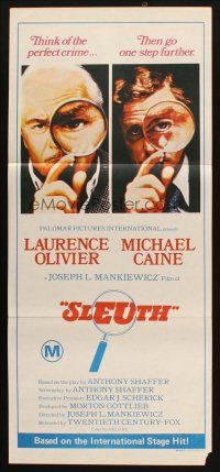 7m855 SLEUTH Aust daybill '72 Laurence Olivier & Michael Caine, cool magnifying glass image!