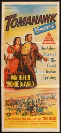 7m926 TOMAHAWK Aust daybill '51 Van Heflin & Yvonne De Carlo in the great Sioux Indian uprising!
