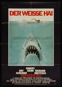 7m280 JAWS German '75 art of Steven Spielberg's classic man-eating shark attacking sexy swimmer!