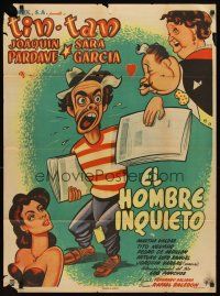 7m202 EL HOMBRE INQUIETO Mexican poster '53 great art of German Valdes as Tin-Tan the newsboy!
