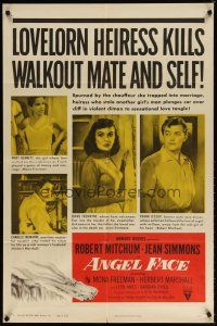 7r010 ANGEL FACE style A 1sh '53 Robert Mitchum, Jean Simmons, Otto Preminger, Howard Hughes!